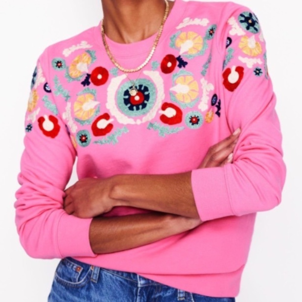Boden Hannah Embroidered Sweatshirt Pink Floral Crewel Cotton M Boho Pullover